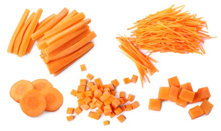 Image of Fresh carrots isolated on white, collage. Different types of cuts