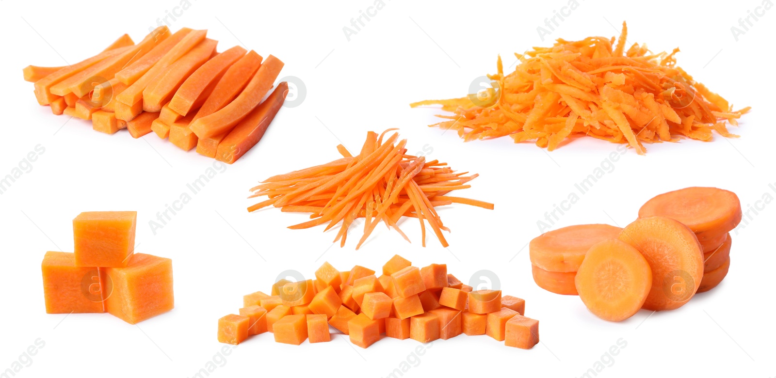 Image of Fresh carrots isolated on white, collage. Different types of cuts