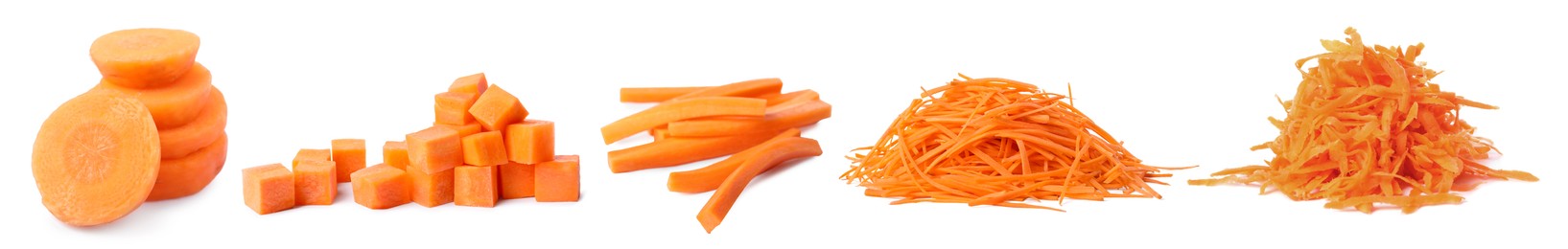 Image of Fresh carrots isolated on white, collage. Different types of cuts