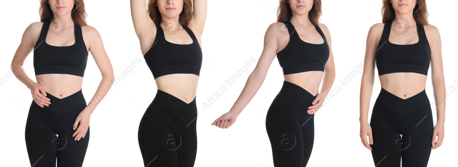 Image of Woman showing her perfect slim body on white background, collage of photos