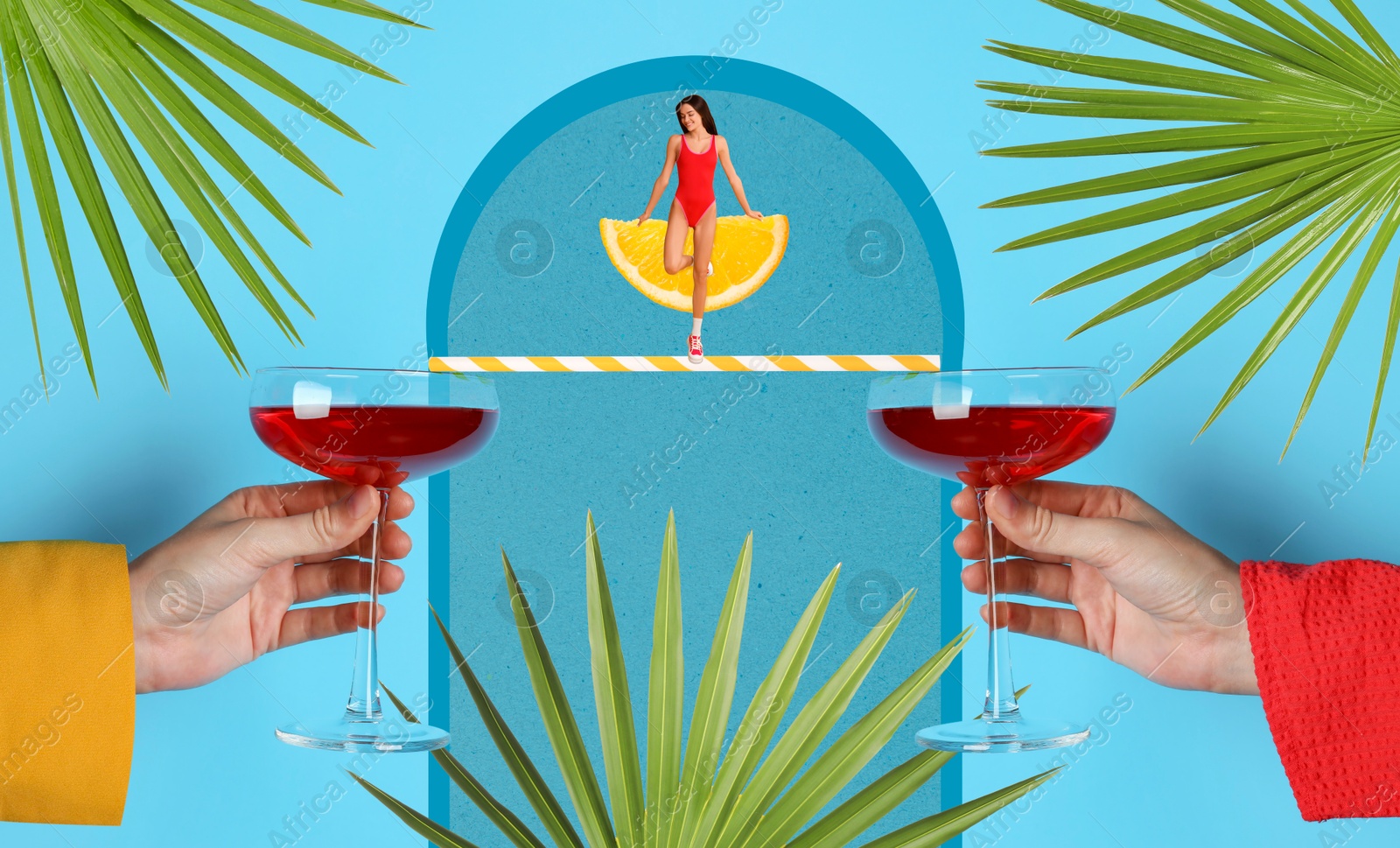 Image of Creative collage with cocktail and tropical palm leaves on light blue background, banner design. Stylish artwork