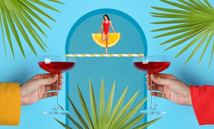 Creative collage with cocktail and tropical palm leaves on light blue background, banner design. Stylish artwork