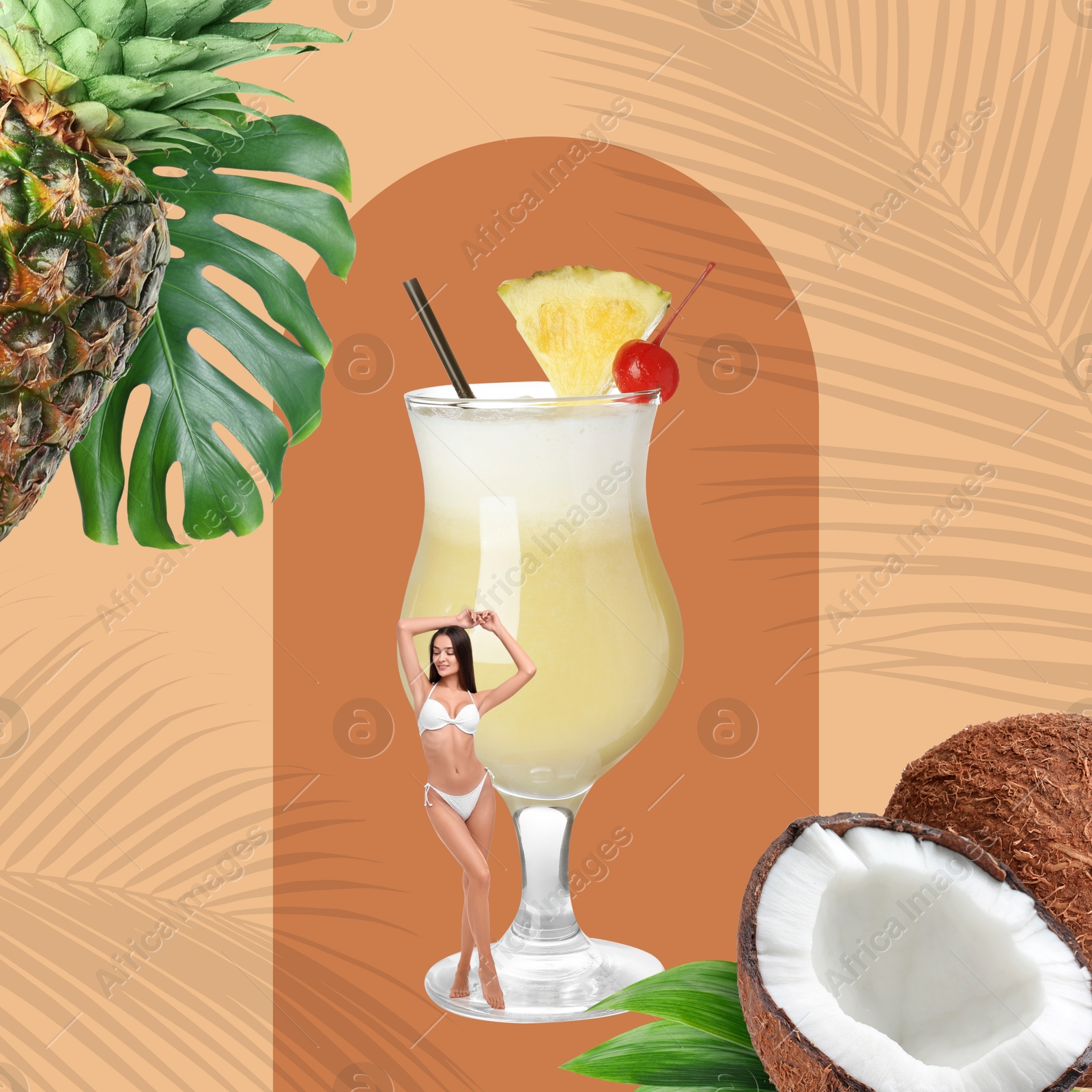 Image of Creative collage with cocktail and tropical fruits on color background. Stylish artwork