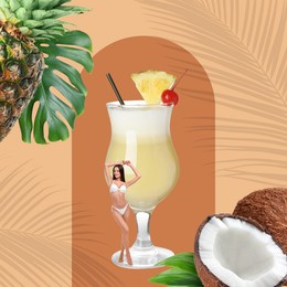 Creative collage with cocktail and tropical fruits on color background. Stylish artwork