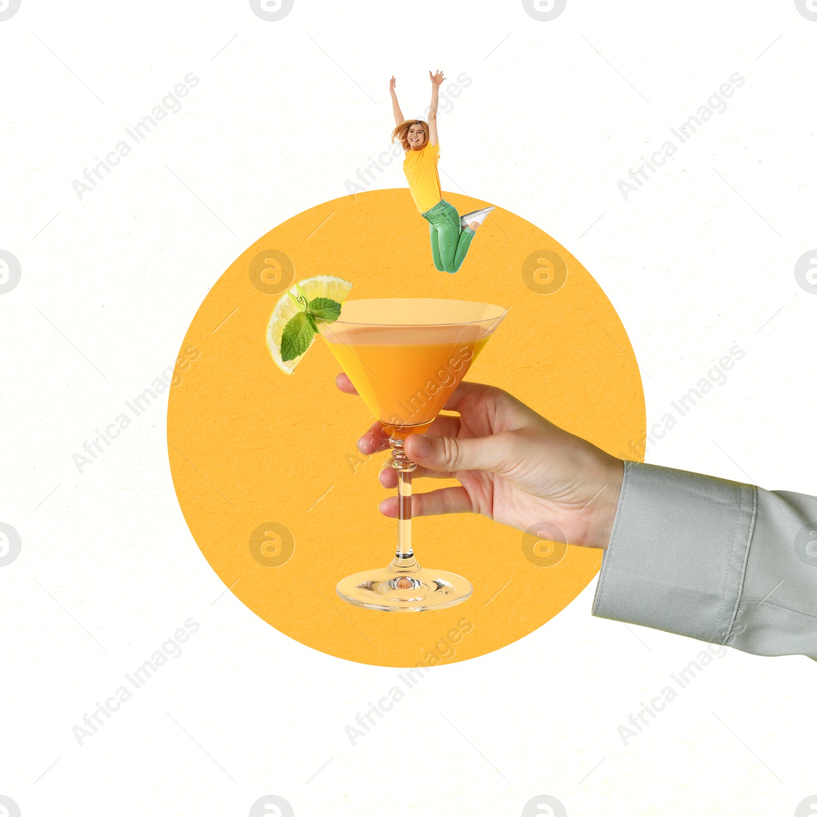 Image of Creative collage with cocktail on color background. Stylish artwork