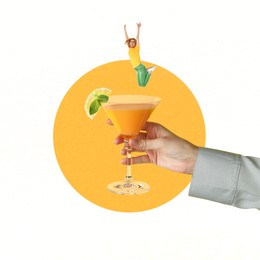 Creative collage with cocktail on color background. Stylish artwork