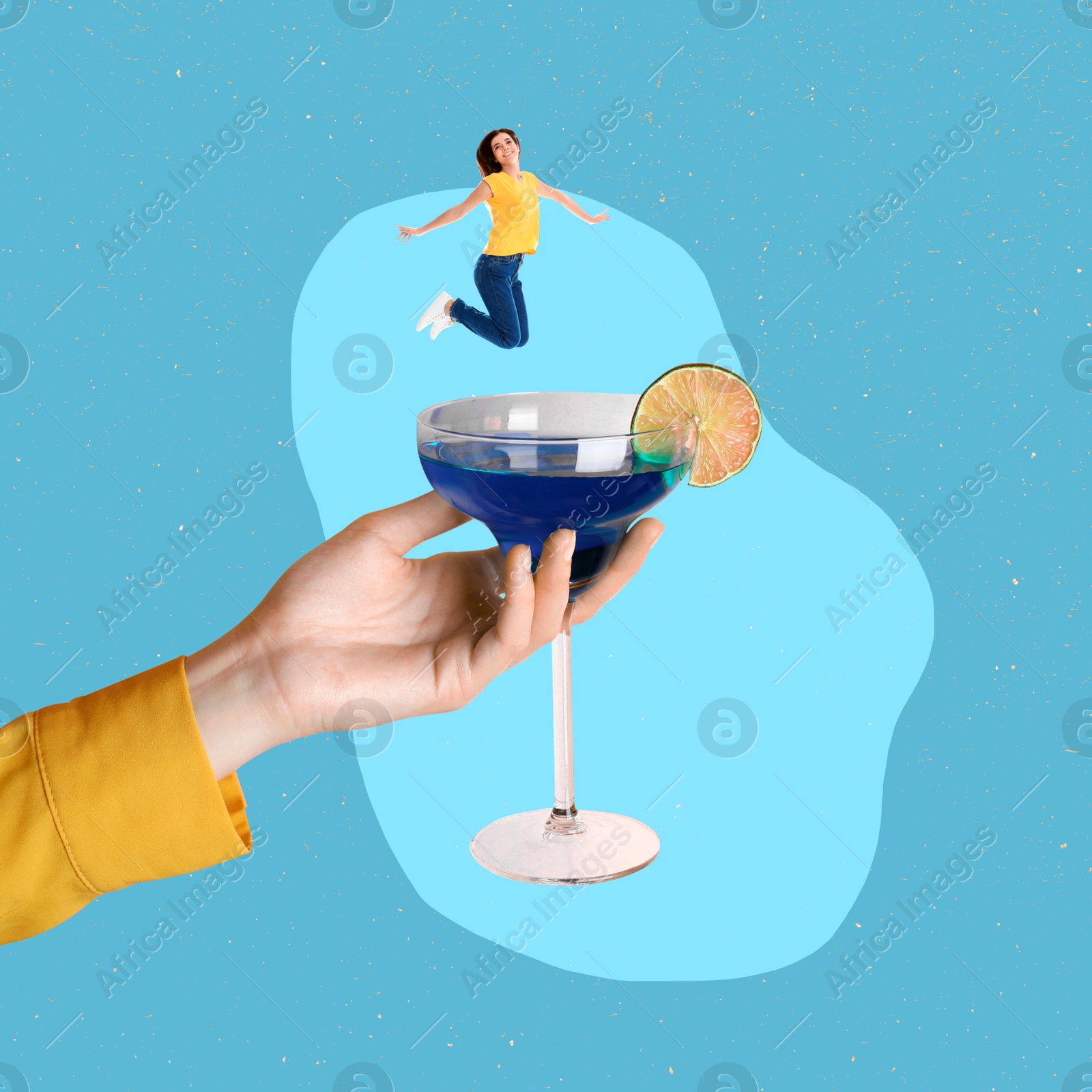 Image of Creative collage with cocktail on light blue background. Stylish artwork