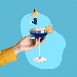 Image of Creative collage with cocktail on light blue background. Stylish artwork