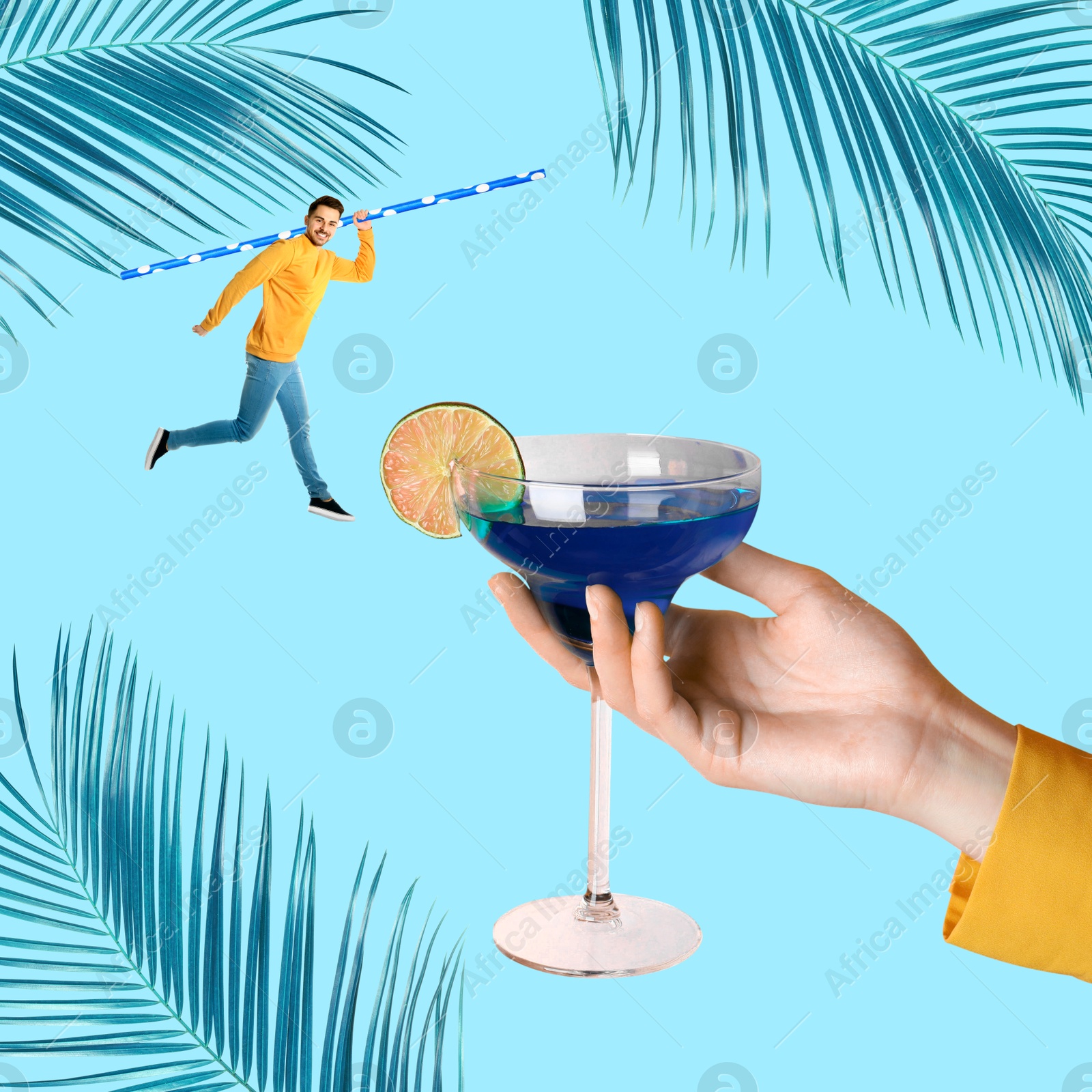 Image of Creative collage with cocktail on light blue background. Stylish artwork