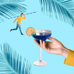 Creative collage with cocktail on light blue background. Stylish artwork