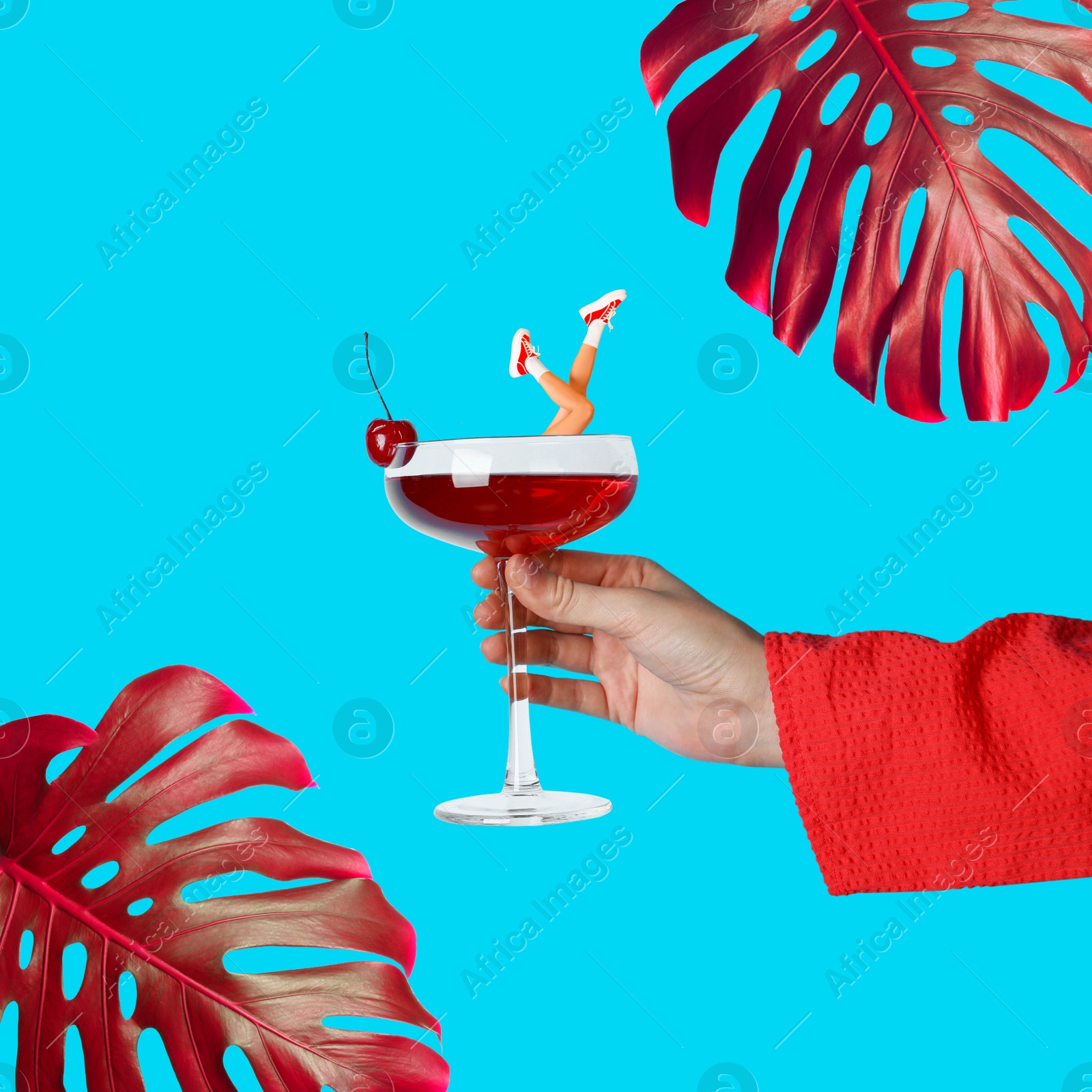 Image of Creative collage with cocktail on light blue background. Stylish artwork