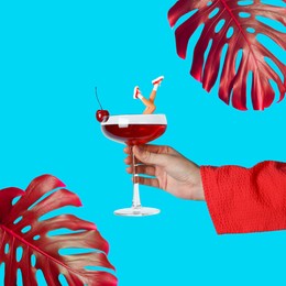 Creative collage with cocktail on light blue background. Stylish artwork