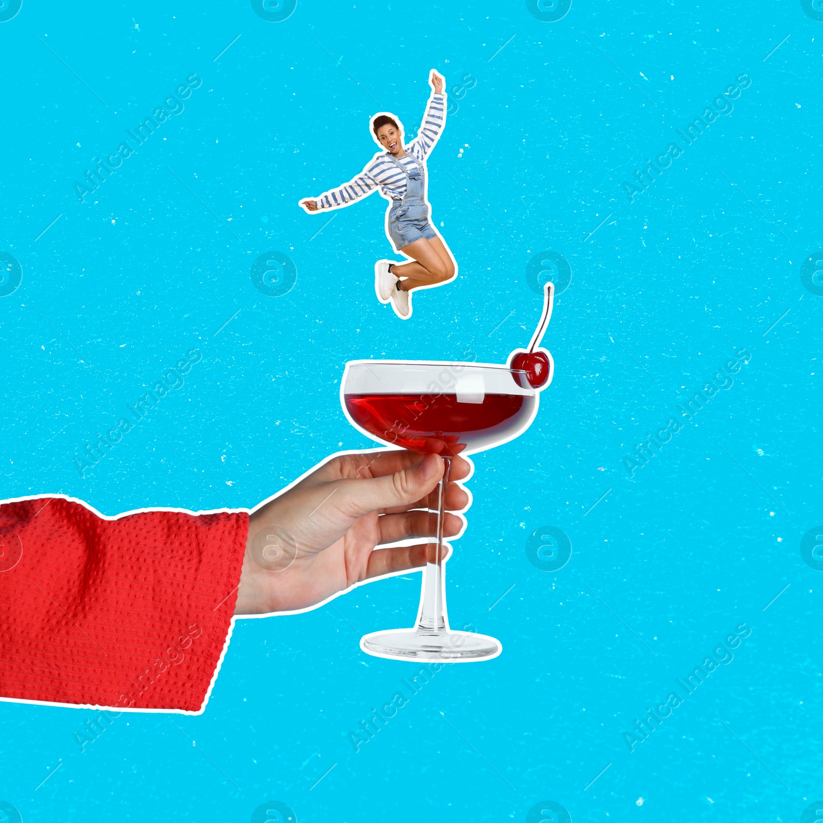 Image of Creative collage with cocktail on light blue background. Stylish artwork