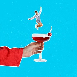 Image of Creative collage with cocktail on light blue background. Stylish artwork