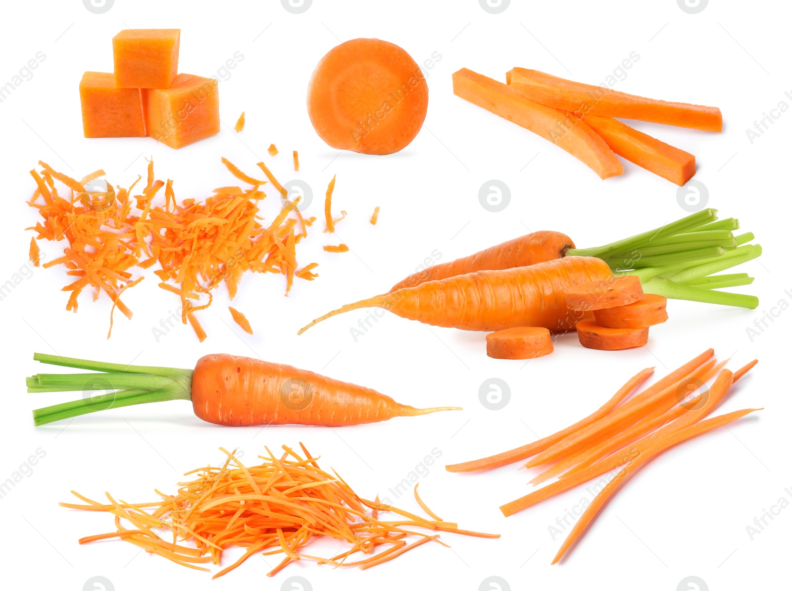 Image of Fresh carrots isolated on white, collage. Different types of cuts