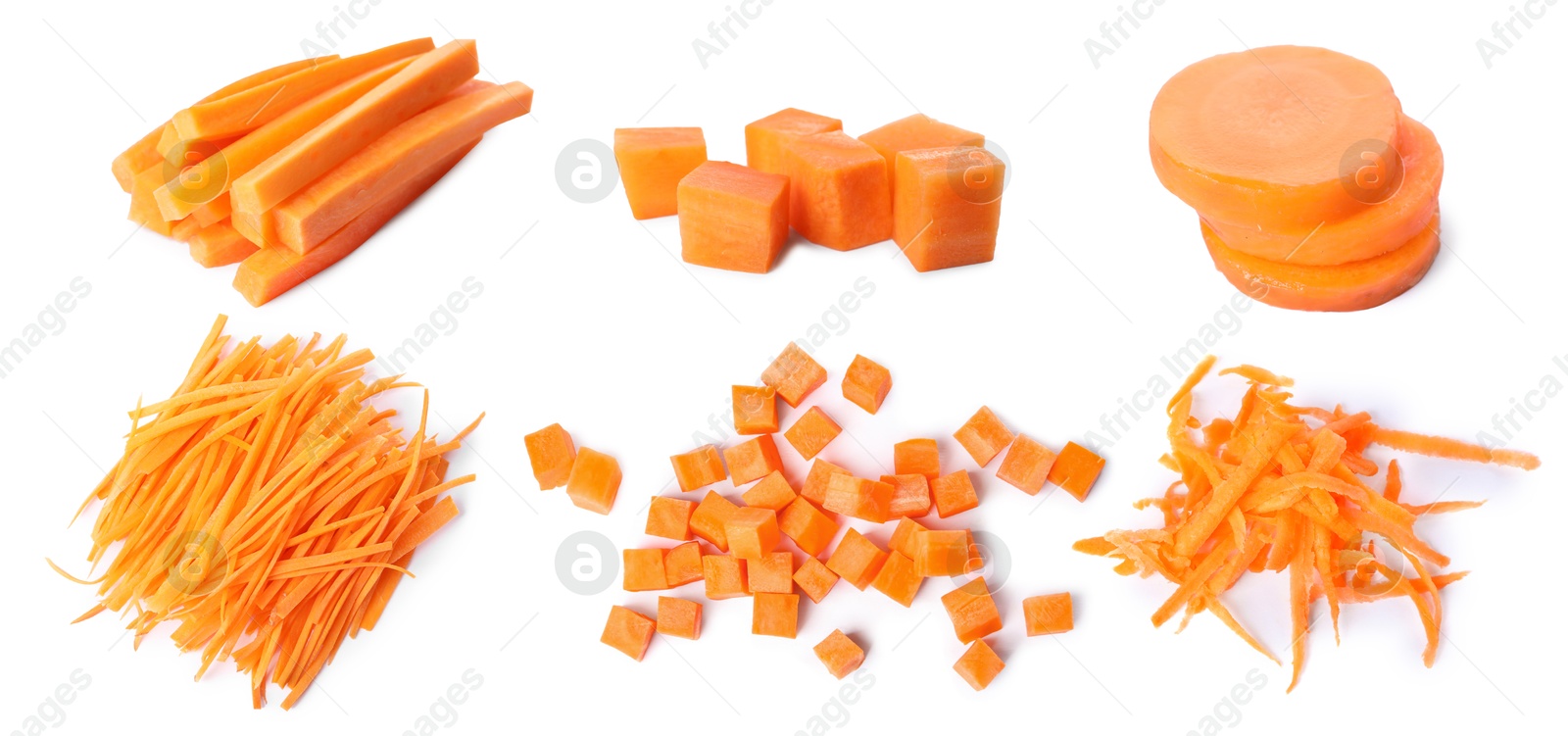 Image of Fresh carrots isolated on white, collage. Different types of cuts