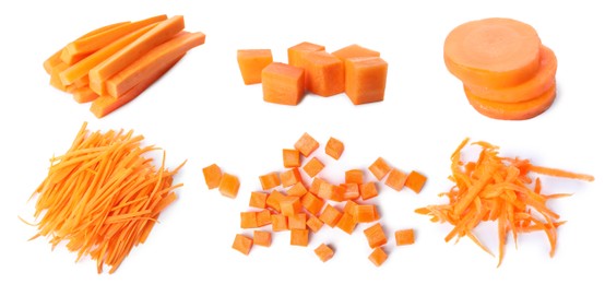 Fresh carrots isolated on white, collage. Different types of cuts