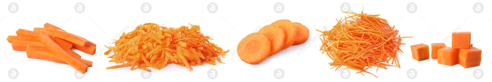 Image of Fresh carrots isolated on white, collage. Different types of cuts