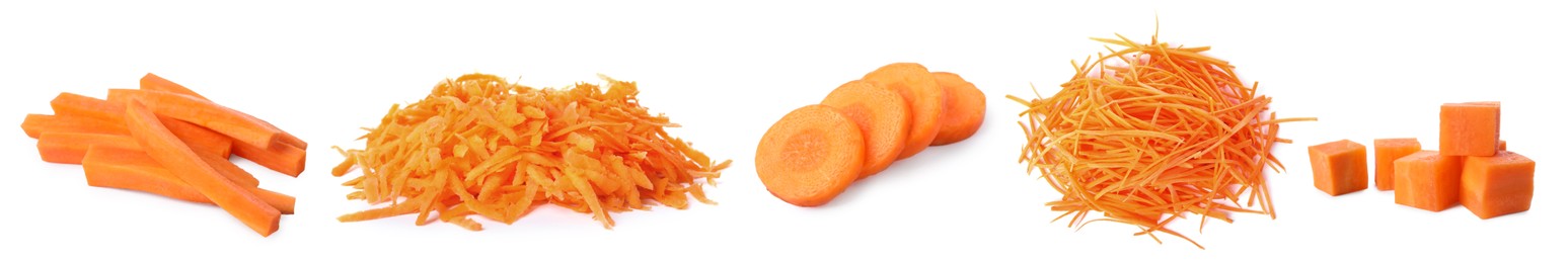 Image of Fresh carrots isolated on white, collage. Different types of cuts