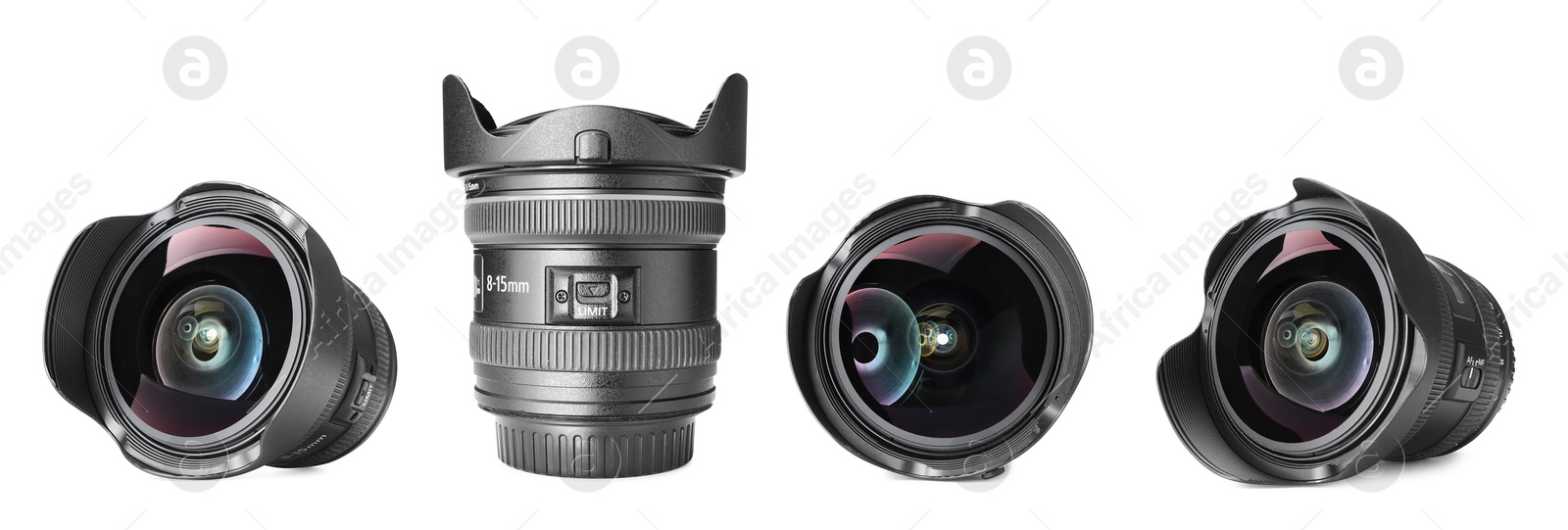 Image of Camera lens on white background, collage. Photographer's equipment