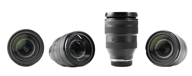 Image of Camera lens on white background, collage. Photographer's equipment