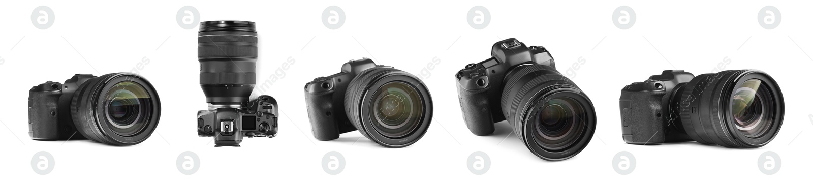 Image of Modern camera on white background, collage. Photographer's equipment