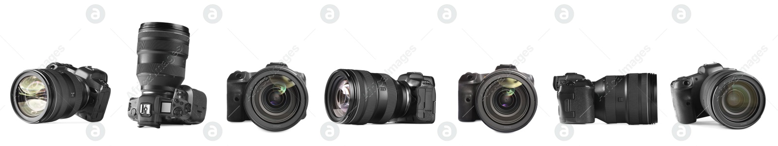 Image of Modern camera with lens on white background, collage. Photographer's equipment