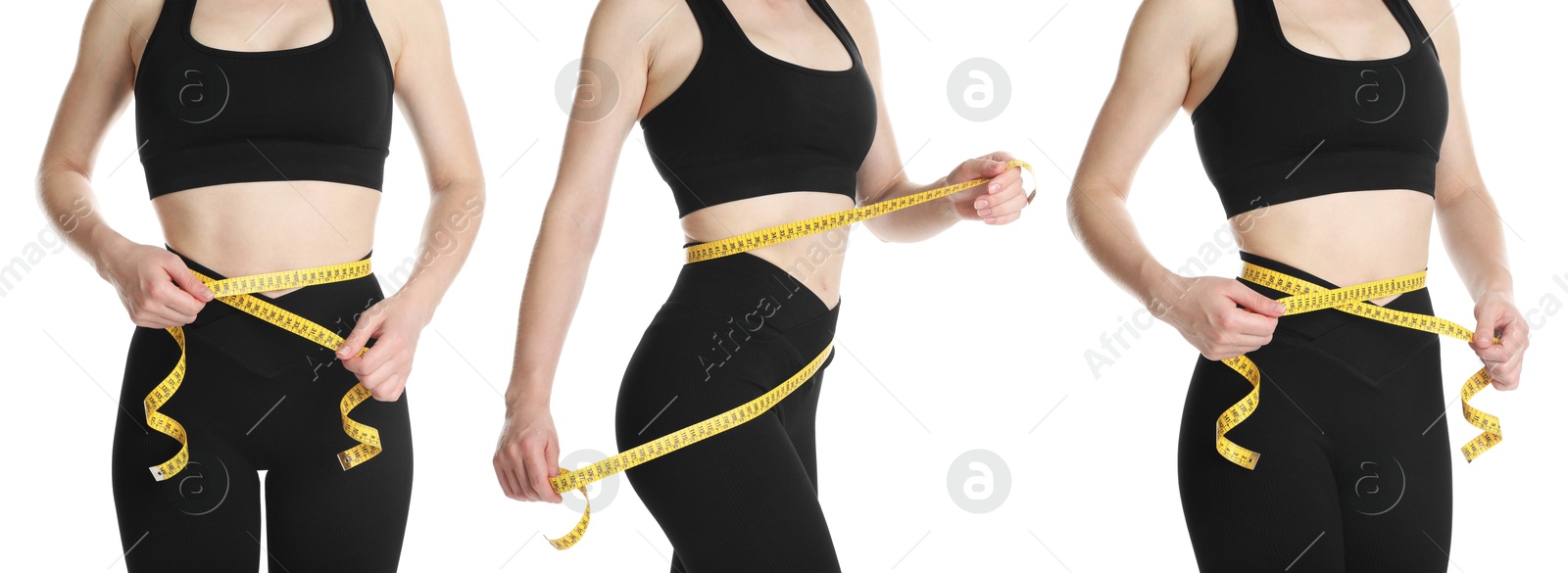 Image of Woman with measuring tape showing her slim body on white background, collage of photos