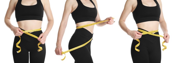 Image of Woman with measuring tape showing her slim body on white background, collage of photos