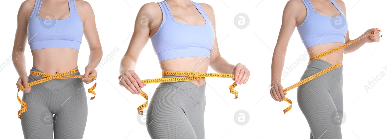 Image of Woman with measuring tape showing her slim body on white background, collage of photos