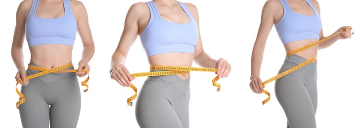 Image of Woman with measuring tape showing her slim body on white background, collage of photos