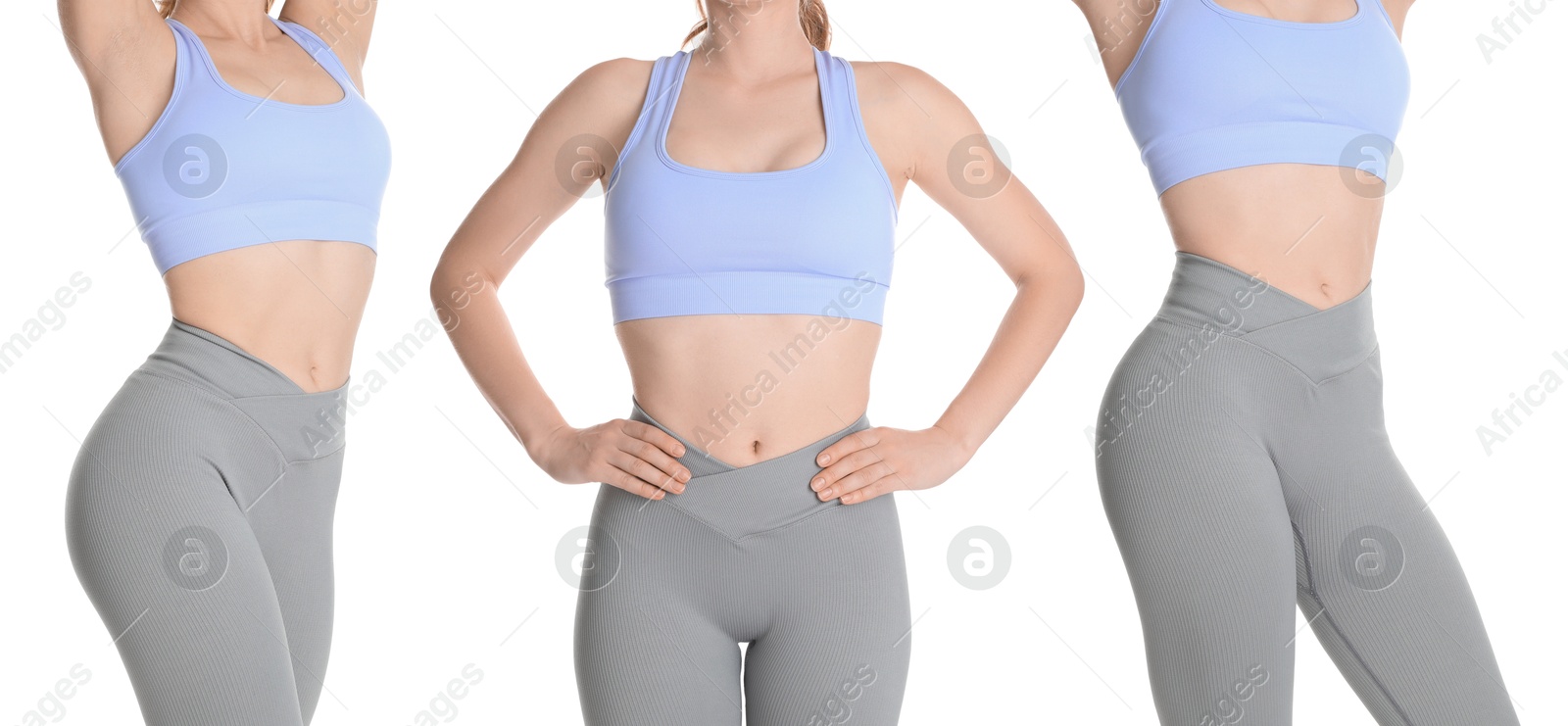 Image of Woman showing her perfect slim body on white background, collage of photos