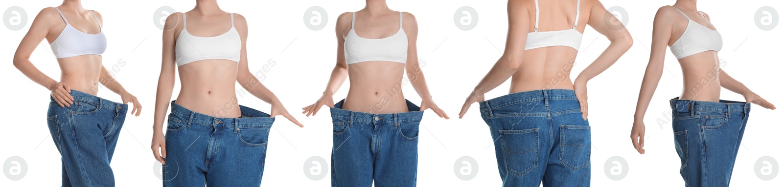 Image of Woman showing her perfect slim body on white background, collage of photos