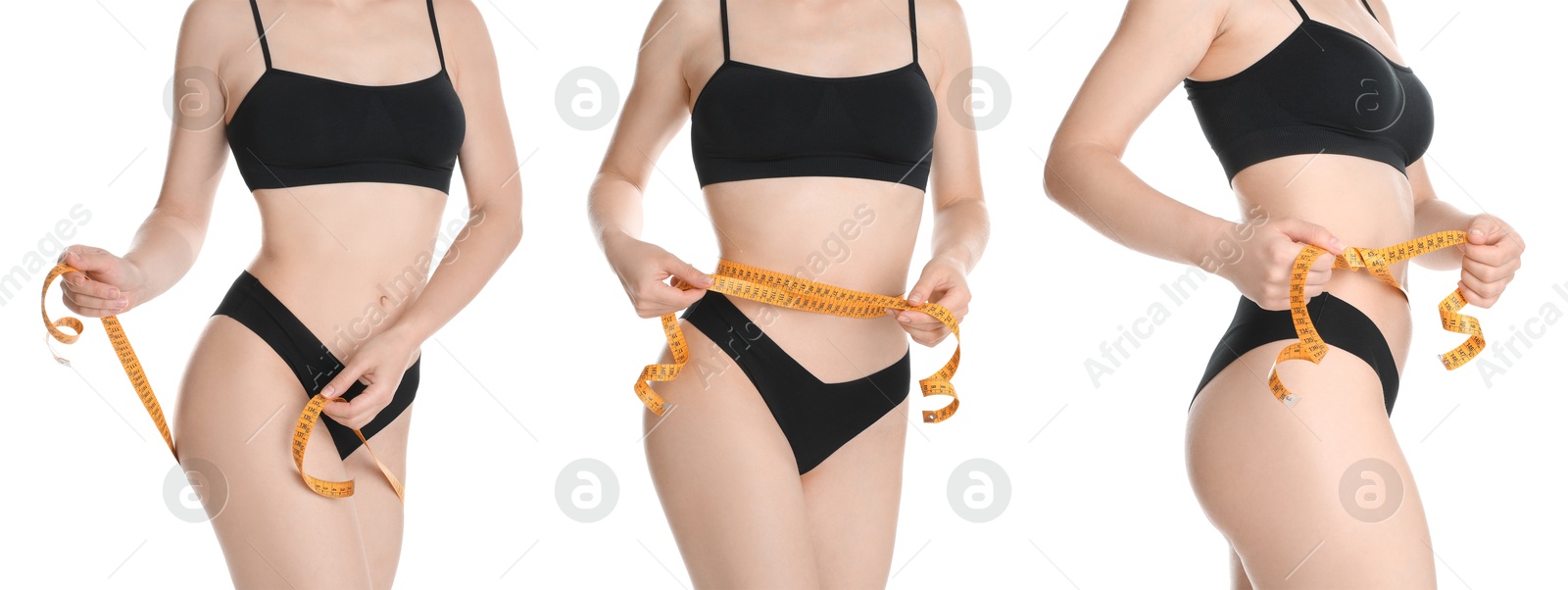 Image of Woman with measuring tape showing her slim body on white background, collage of photos