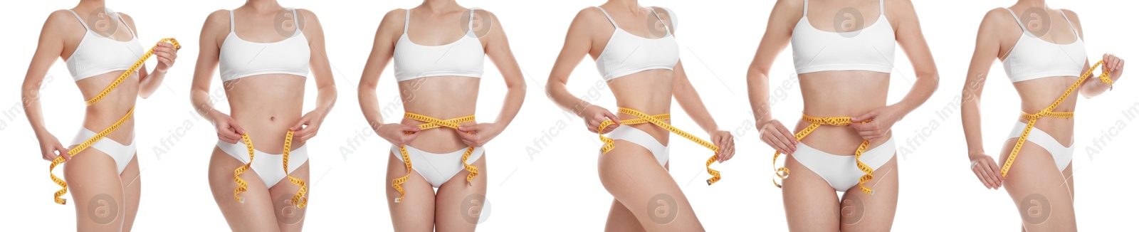 Image of Woman with measuring tape showing her slim body on white background, collage of photos