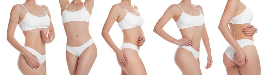 Image of Woman showing her perfect slim body on white background, collage of photos