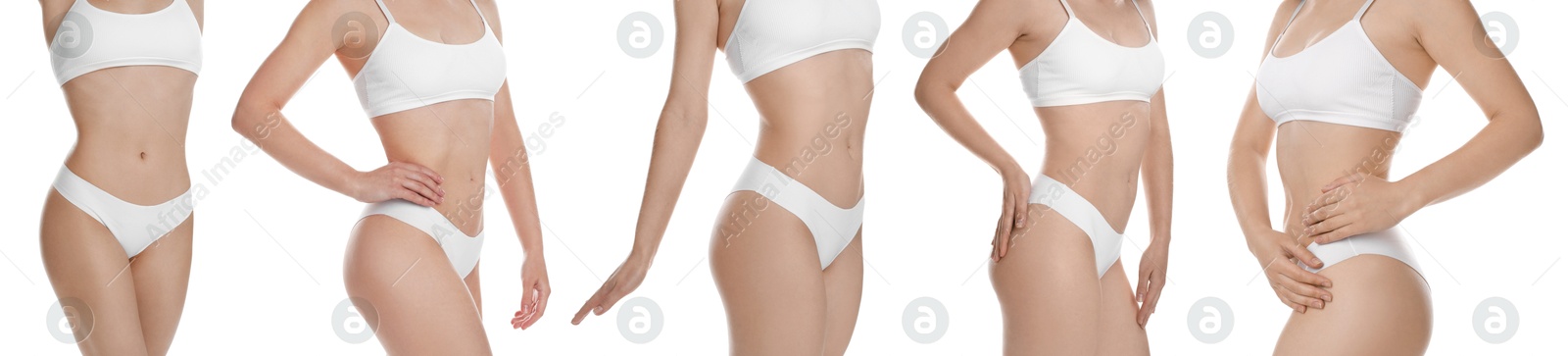 Image of Woman showing her perfect slim body on white background, collage of photos