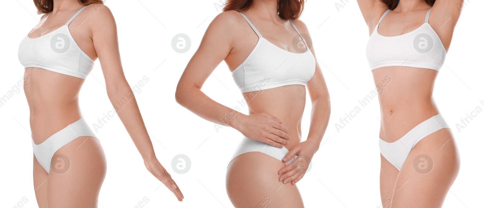 Image of Woman showing her perfect slim body on white background, collage of photos