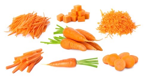 Image of Fresh carrots isolated on white, collage. Different types of cuts