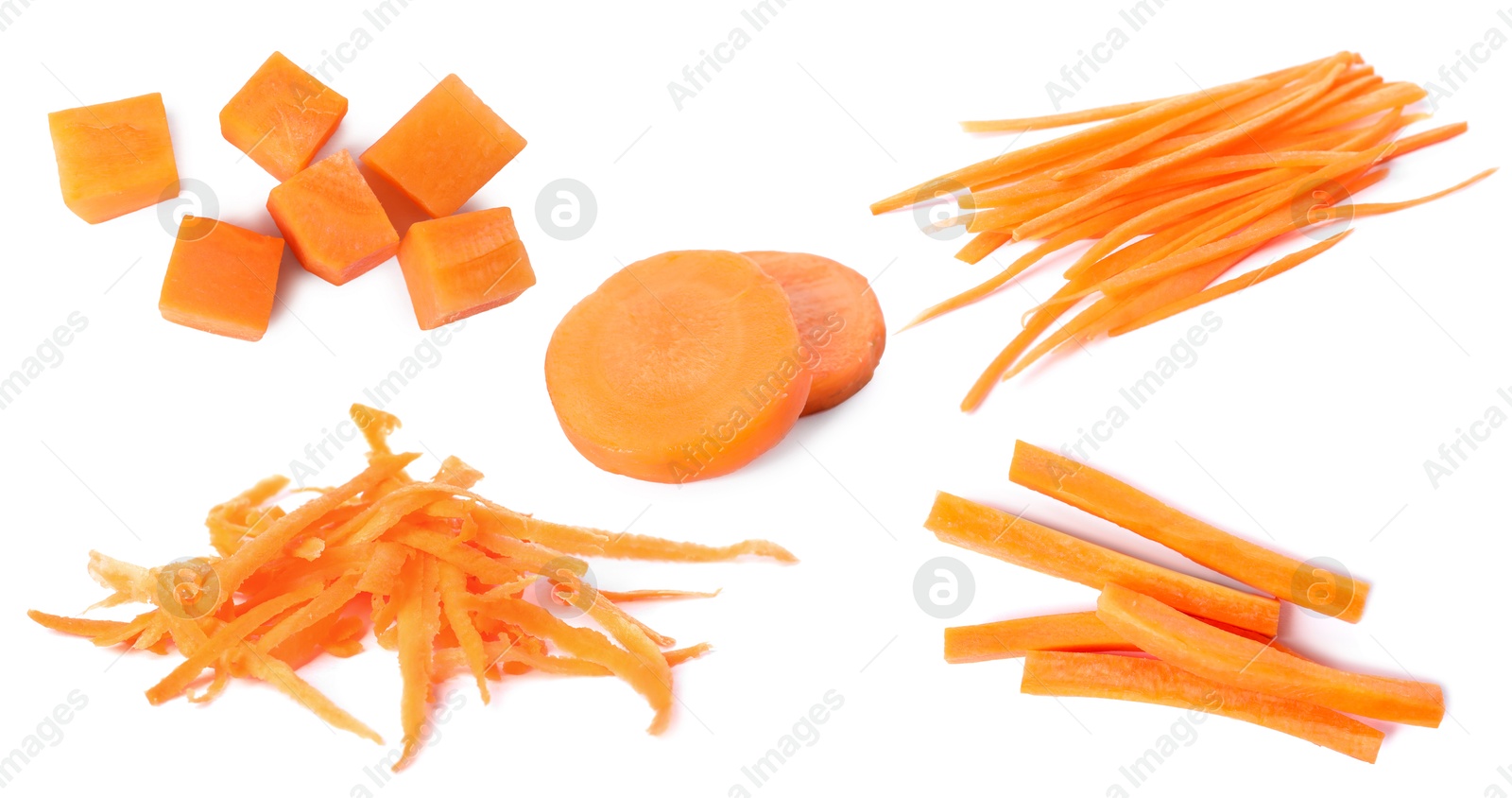 Image of Fresh carrots isolated on white, collage. Different types of cuts