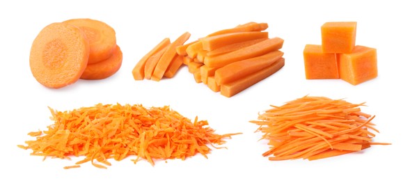 Image of Fresh carrots isolated on white, collage. Different types of cuts