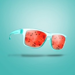 Image of Sunglasses with juicy watermelon in air on turquoise background. Summer vibe