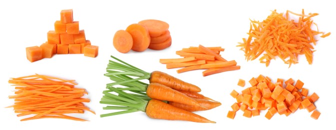 Image of Fresh carrots isolated on white, collage. Different types of cuts