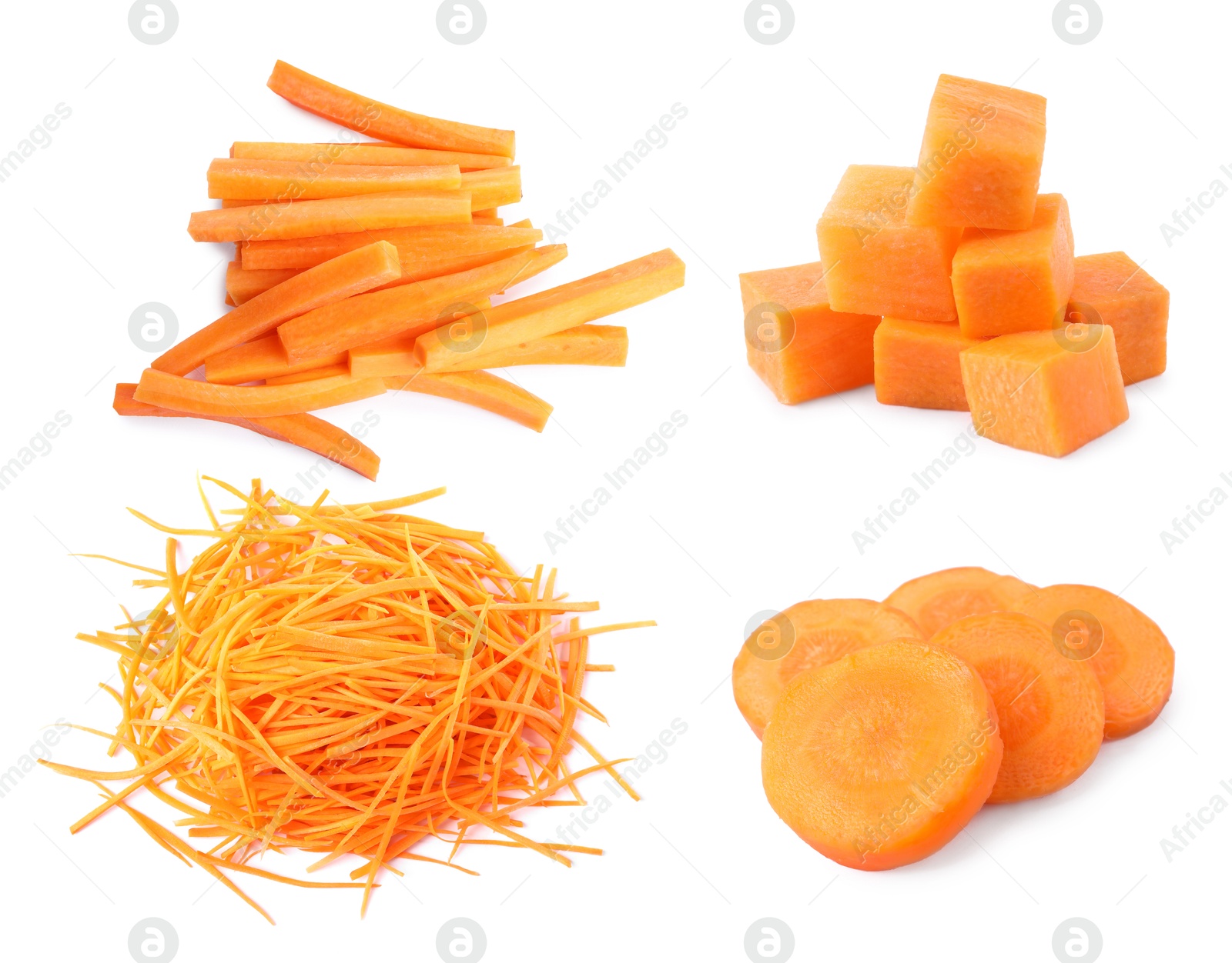 Image of Fresh carrots isolated on white, collage. Different types of cuts