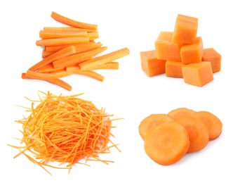 Image of Fresh carrots isolated on white, collage. Different types of cuts