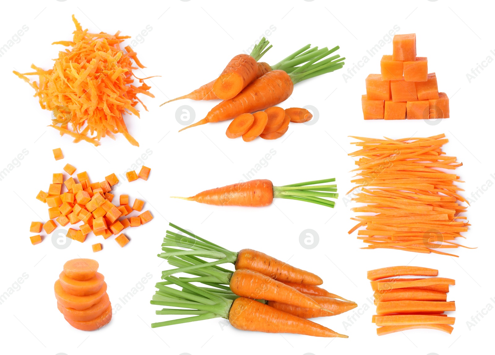 Image of Fresh carrots isolated on white, collage. Different types of cuts