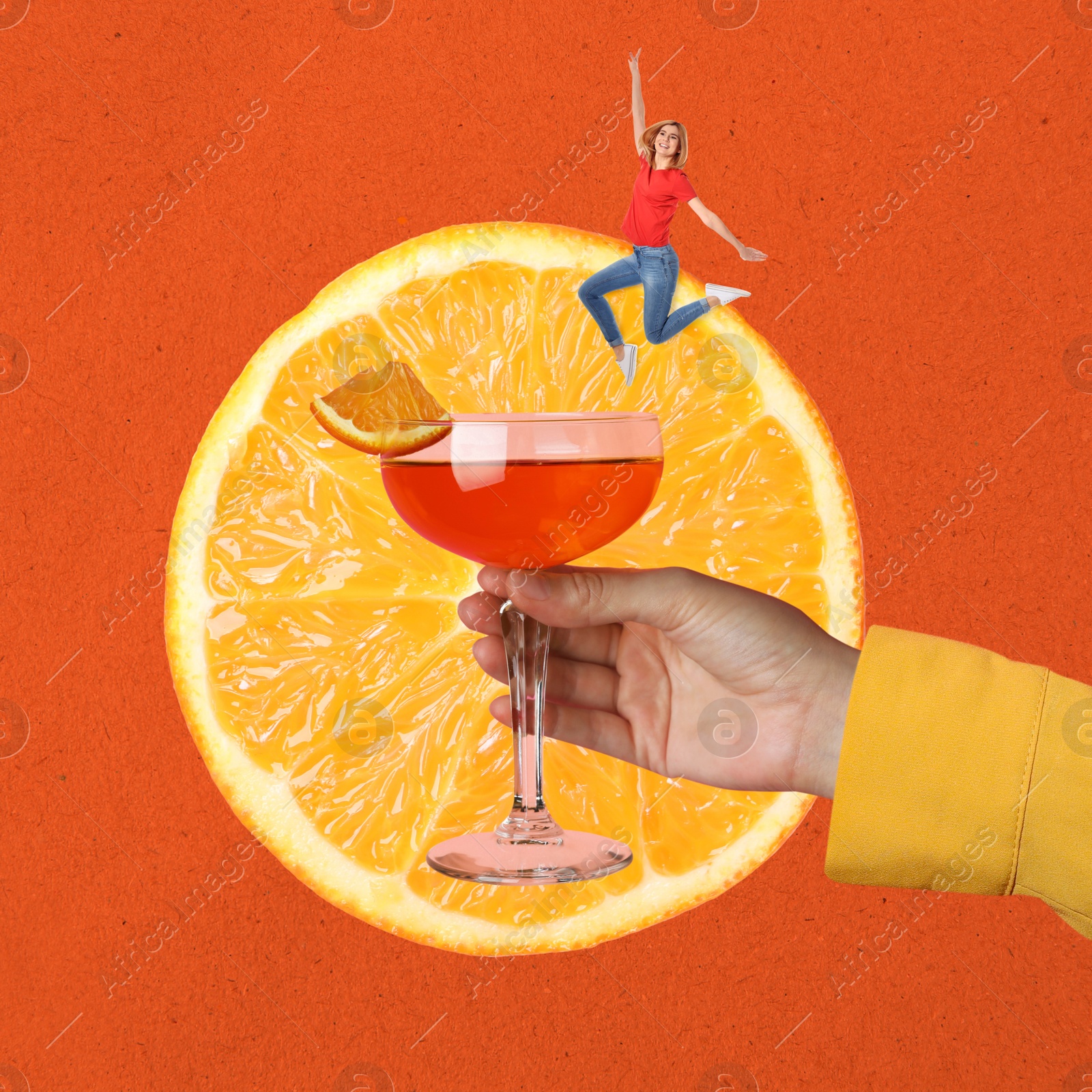 Image of Creative collage with cocktail on dark orange background. Stylish artwork