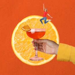 Image of Creative collage with cocktail on dark orange background. Stylish artwork