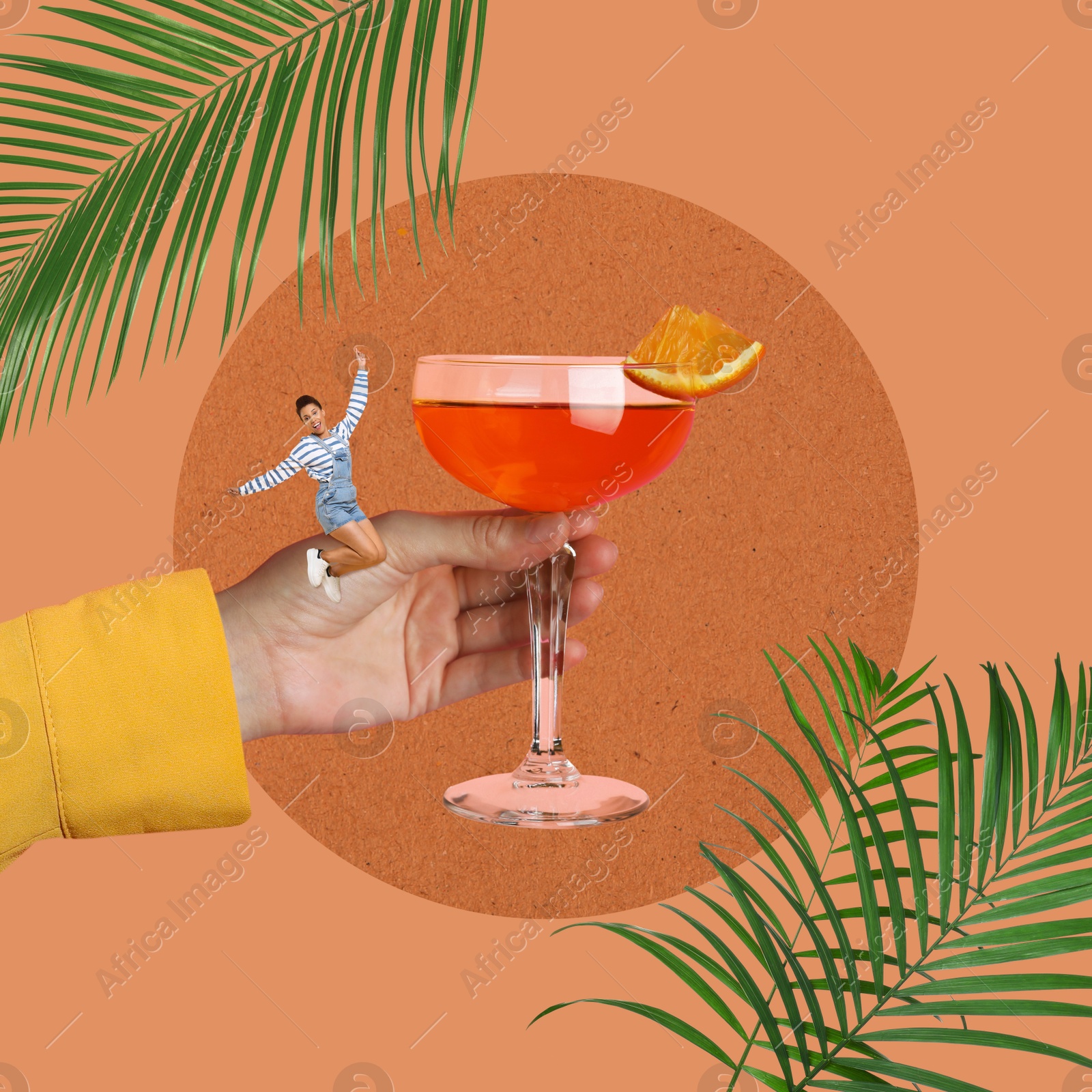 Image of Creative collage with cocktail on pale brown background. Stylish artwork