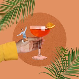 Creative collage with cocktail on pale brown background. Stylish artwork